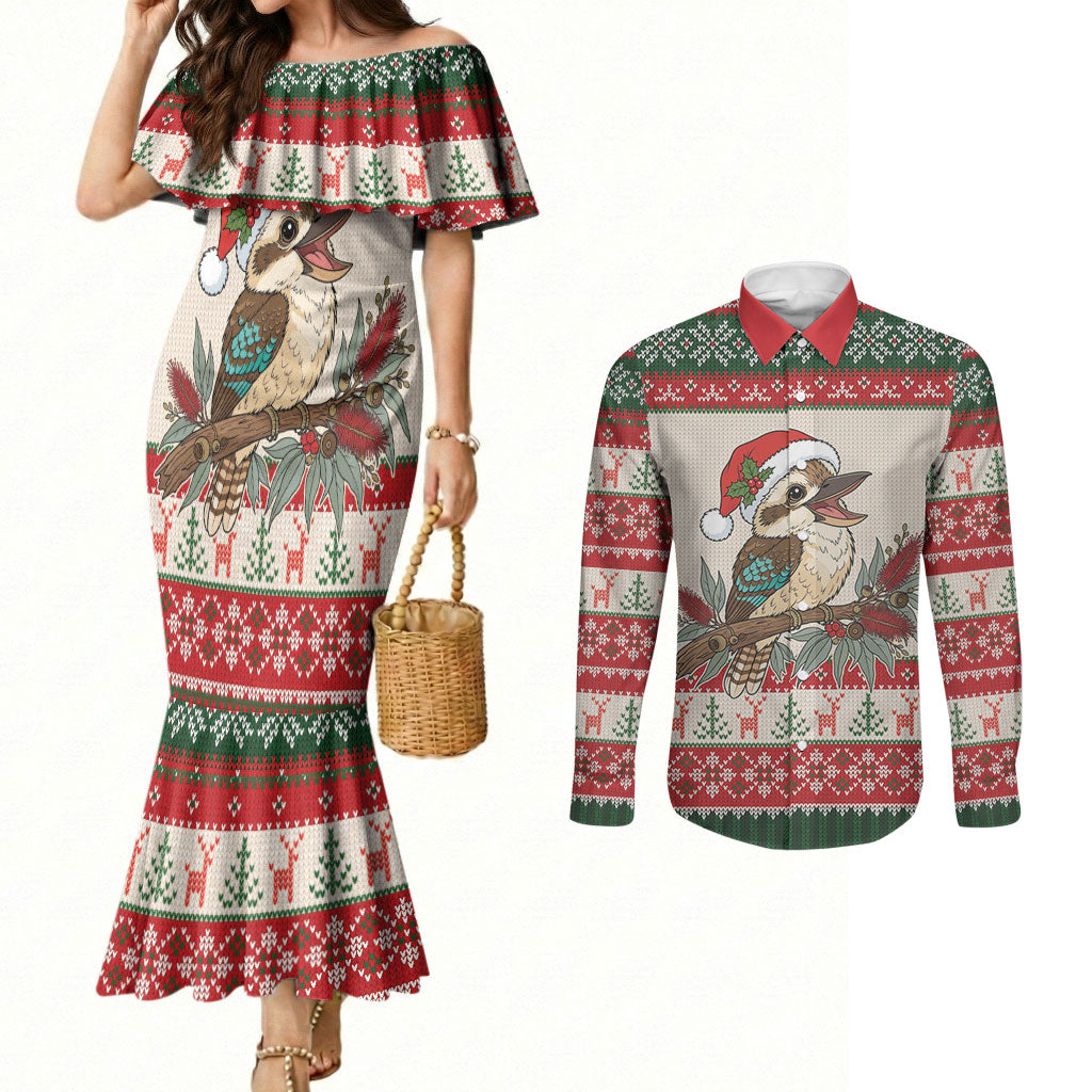 Aussie Kookaburra Christmas Couples Matching Mermaid Dress and Long Sleeve Button Shirt Festive Knitted Pattern Inspired