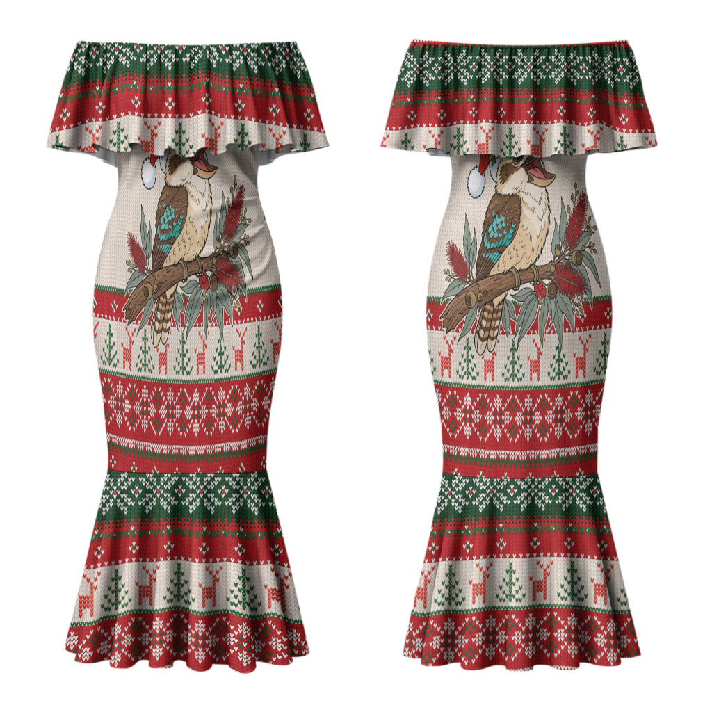 Aussie Kookaburra Christmas Couples Matching Mermaid Dress and Long Sleeve Button Shirt Festive Knitted Pattern Inspired