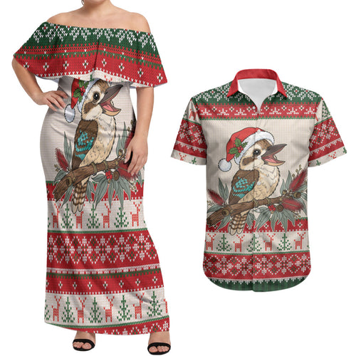 Aussie Kookaburra Christmas Couples Matching Off Shoulder Maxi Dress and Hawaiian Shirt Festive Knitted Pattern Inspired