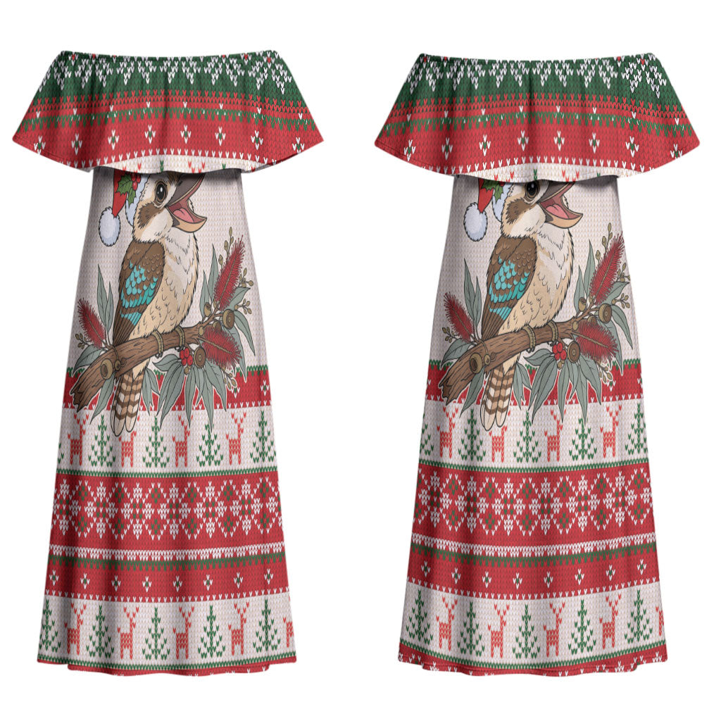 Aussie Kookaburra Christmas Couples Matching Off Shoulder Maxi Dress and Hawaiian Shirt Festive Knitted Pattern Inspired