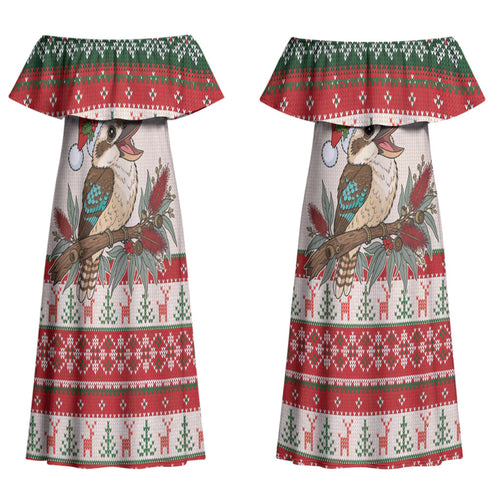 Aussie Kookaburra Christmas Couples Matching Off Shoulder Maxi Dress and Hawaiian Shirt Festive Knitted Pattern Inspired