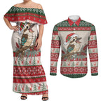 Aussie Kookaburra Christmas Couples Matching Off Shoulder Maxi Dress and Long Sleeve Button Shirt Festive Knitted Pattern Inspired