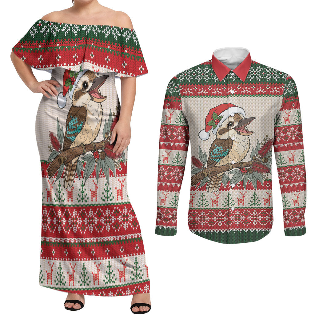 Aussie Kookaburra Christmas Couples Matching Off Shoulder Maxi Dress and Long Sleeve Button Shirt Festive Knitted Pattern Inspired