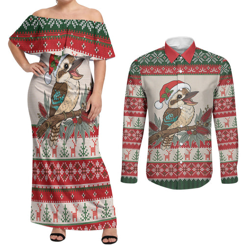 Aussie Kookaburra Christmas Couples Matching Off Shoulder Maxi Dress and Long Sleeve Button Shirt Festive Knitted Pattern Inspired