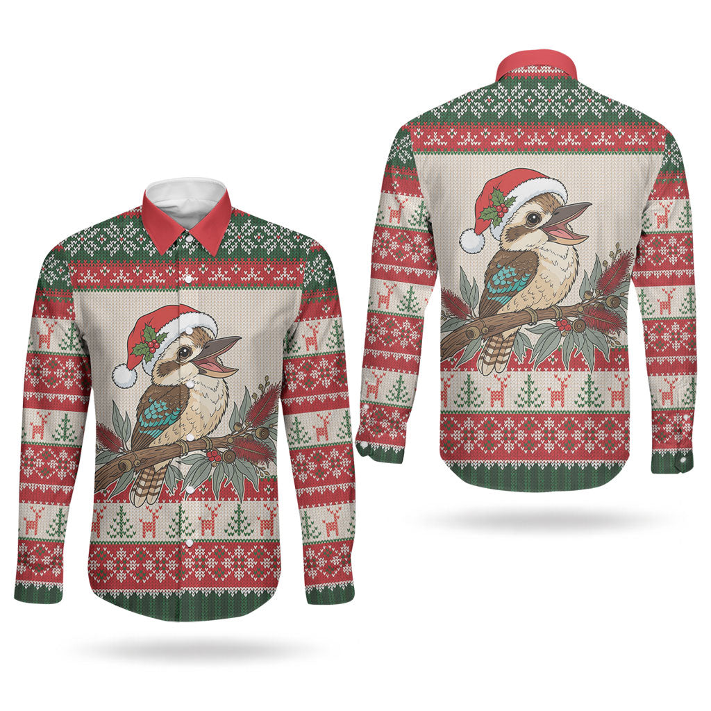Aussie Kookaburra Christmas Couples Matching Off Shoulder Maxi Dress and Long Sleeve Button Shirt Festive Knitted Pattern Inspired