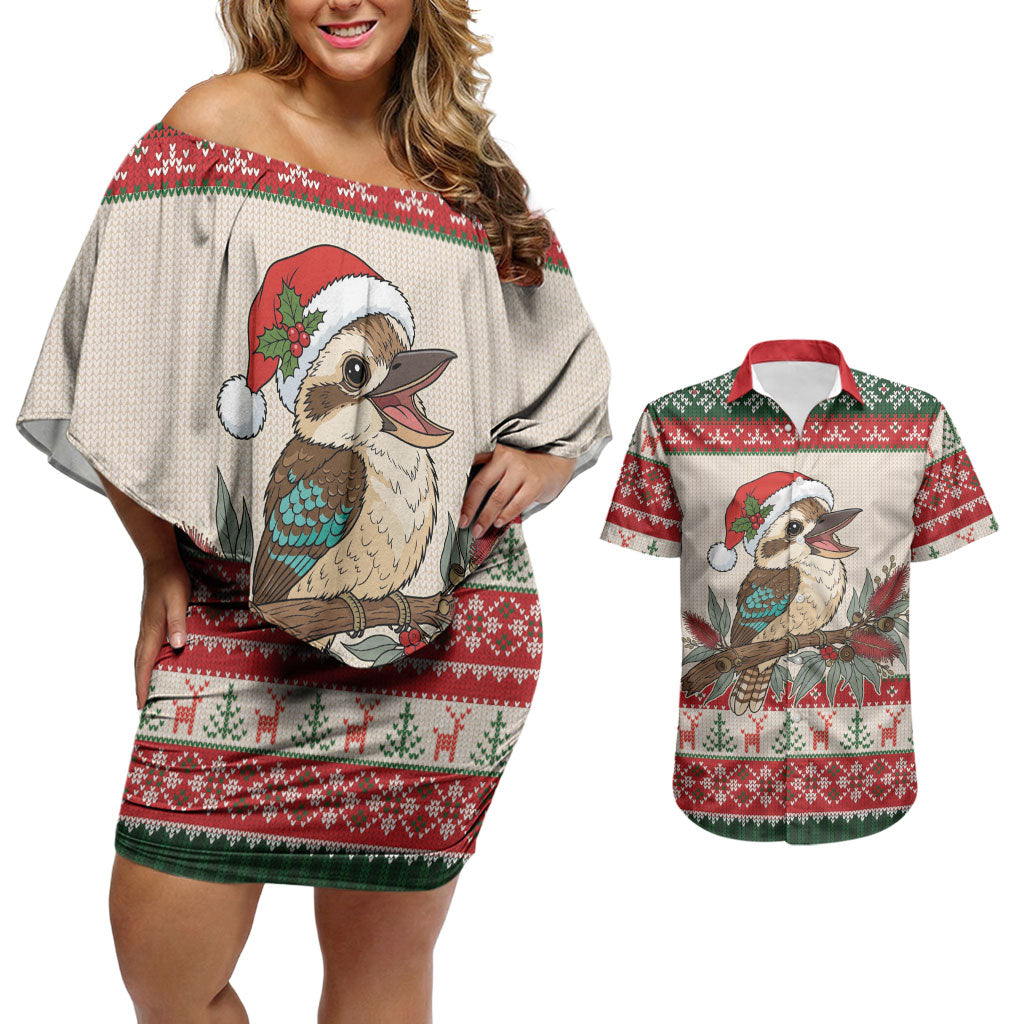 Aussie Kookaburra Christmas Couples Matching Off Shoulder Short Dress and Hawaiian Shirt Festive Knitted Pattern Inspired