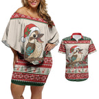 Aussie Kookaburra Christmas Couples Matching Off Shoulder Short Dress and Hawaiian Shirt Festive Knitted Pattern Inspired
