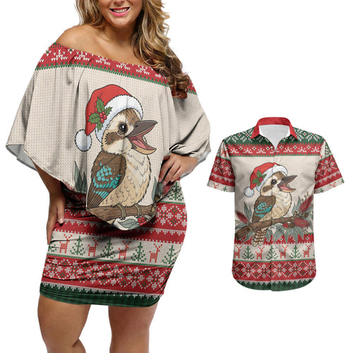 Aussie Kookaburra Christmas Couples Matching Off Shoulder Short Dress and Hawaiian Shirt Festive Knitted Pattern Inspired