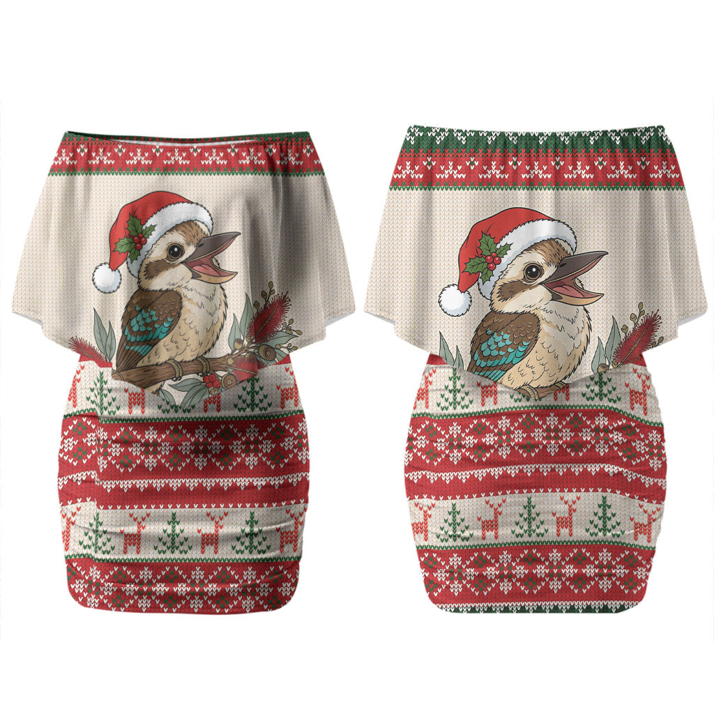 Aussie Kookaburra Christmas Couples Matching Off Shoulder Short Dress and Hawaiian Shirt Festive Knitted Pattern Inspired