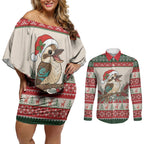Aussie Kookaburra Christmas Couples Matching Off Shoulder Short Dress and Long Sleeve Button Shirt Festive Knitted Pattern Inspired