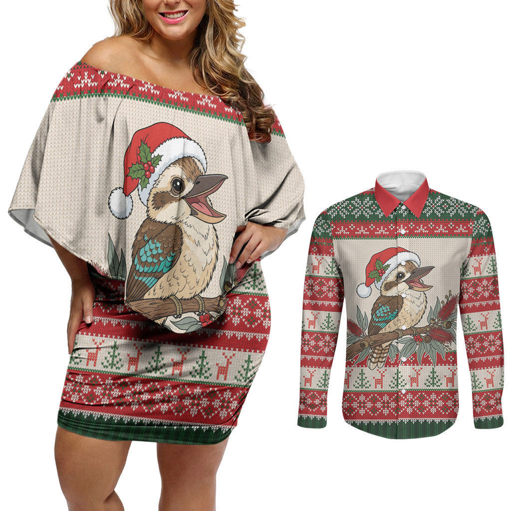 Aussie Kookaburra Christmas Couples Matching Off Shoulder Short Dress and Long Sleeve Button Shirt Festive Knitted Pattern Inspired