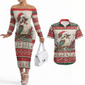 Aussie Kookaburra Christmas Couples Matching Off The Shoulder Long Sleeve Dress and Hawaiian Shirt Festive Knitted Pattern Inspired