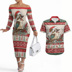 Aussie Kookaburra Christmas Couples Matching Off The Shoulder Long Sleeve Dress and Hawaiian Shirt Festive Knitted Pattern Inspired