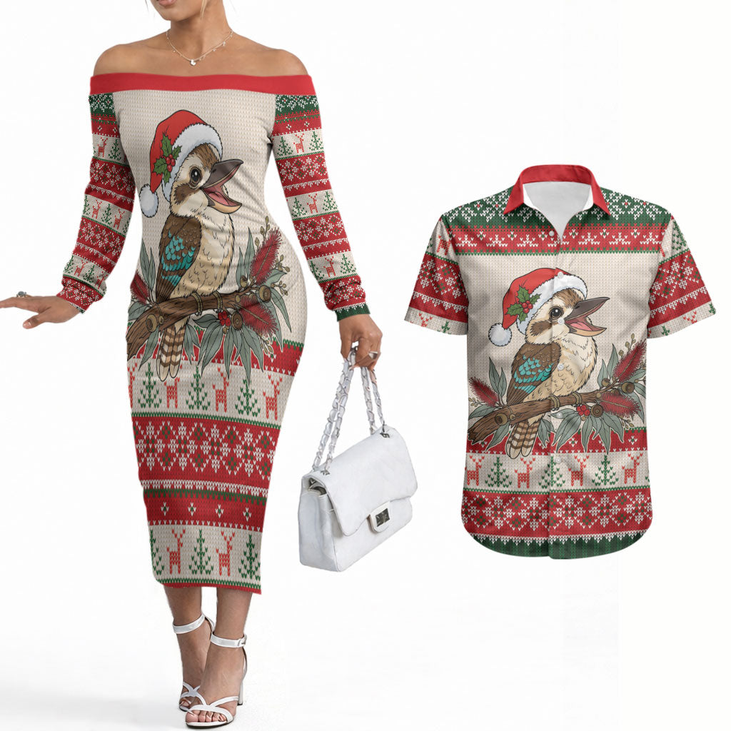 Aussie Kookaburra Christmas Couples Matching Off The Shoulder Long Sleeve Dress and Hawaiian Shirt Festive Knitted Pattern Inspired