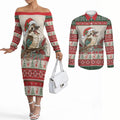 Aussie Kookaburra Christmas Couples Matching Off The Shoulder Long Sleeve Dress and Long Sleeve Button Shirt Festive Knitted Pattern Inspired