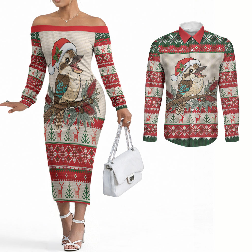 Aussie Kookaburra Christmas Couples Matching Off The Shoulder Long Sleeve Dress and Long Sleeve Button Shirt Festive Knitted Pattern Inspired