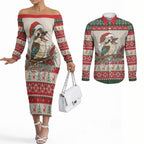 Aussie Kookaburra Christmas Couples Matching Off The Shoulder Long Sleeve Dress and Long Sleeve Button Shirt Festive Knitted Pattern Inspired