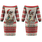 Aussie Kookaburra Christmas Couples Matching Off The Shoulder Long Sleeve Dress and Long Sleeve Button Shirt Festive Knitted Pattern Inspired