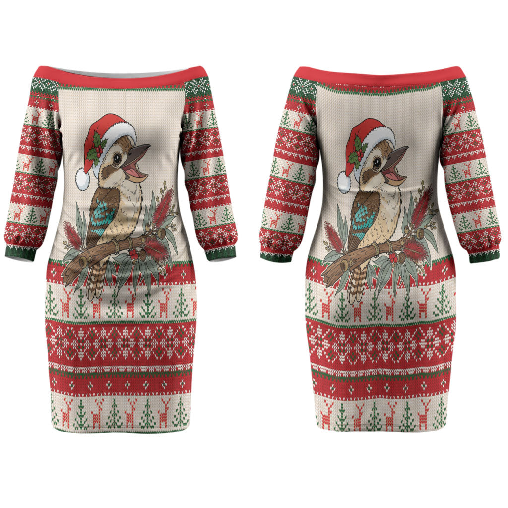 Aussie Kookaburra Christmas Couples Matching Off The Shoulder Long Sleeve Dress and Long Sleeve Button Shirt Festive Knitted Pattern Inspired