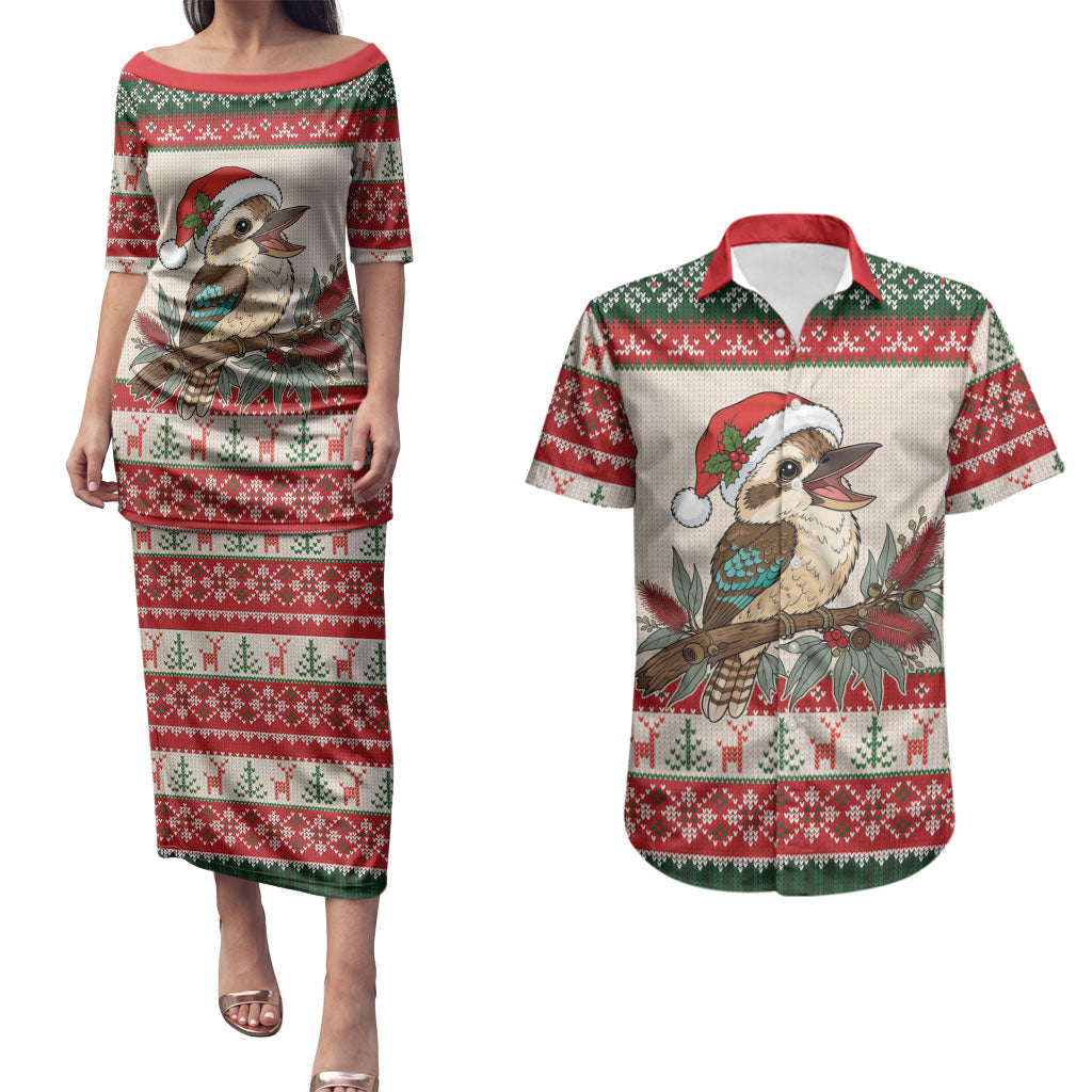 Aussie Kookaburra Christmas Couples Matching Puletasi and Hawaiian Shirt Festive Knitted Pattern Inspired
