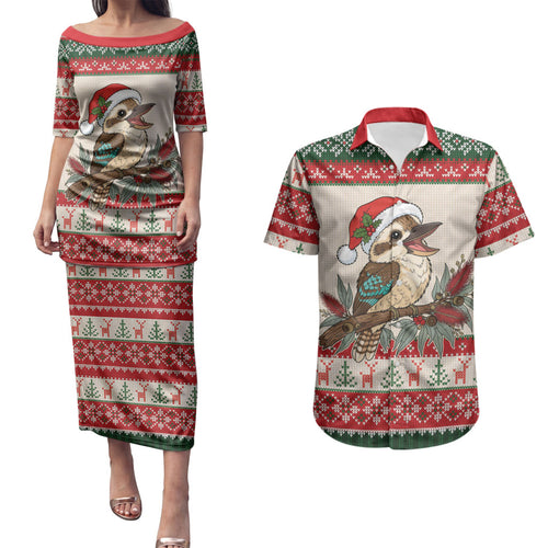 Aussie Kookaburra Christmas Couples Matching Puletasi and Hawaiian Shirt Festive Knitted Pattern Inspired