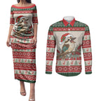 Aussie Kookaburra Christmas Couples Matching Puletasi and Long Sleeve Button Shirt Festive Knitted Pattern Inspired