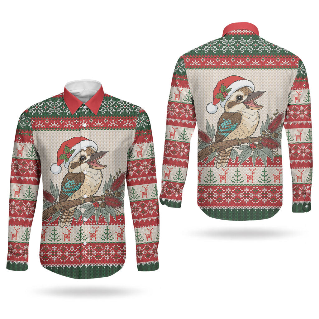 Aussie Kookaburra Christmas Couples Matching Puletasi and Long Sleeve Button Shirt Festive Knitted Pattern Inspired