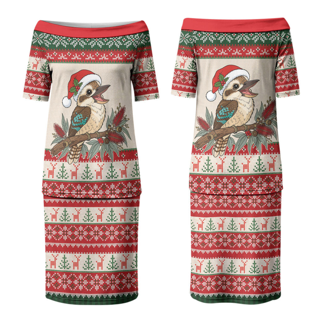 Aussie Kookaburra Christmas Couples Matching Puletasi and Long Sleeve Button Shirt Festive Knitted Pattern Inspired