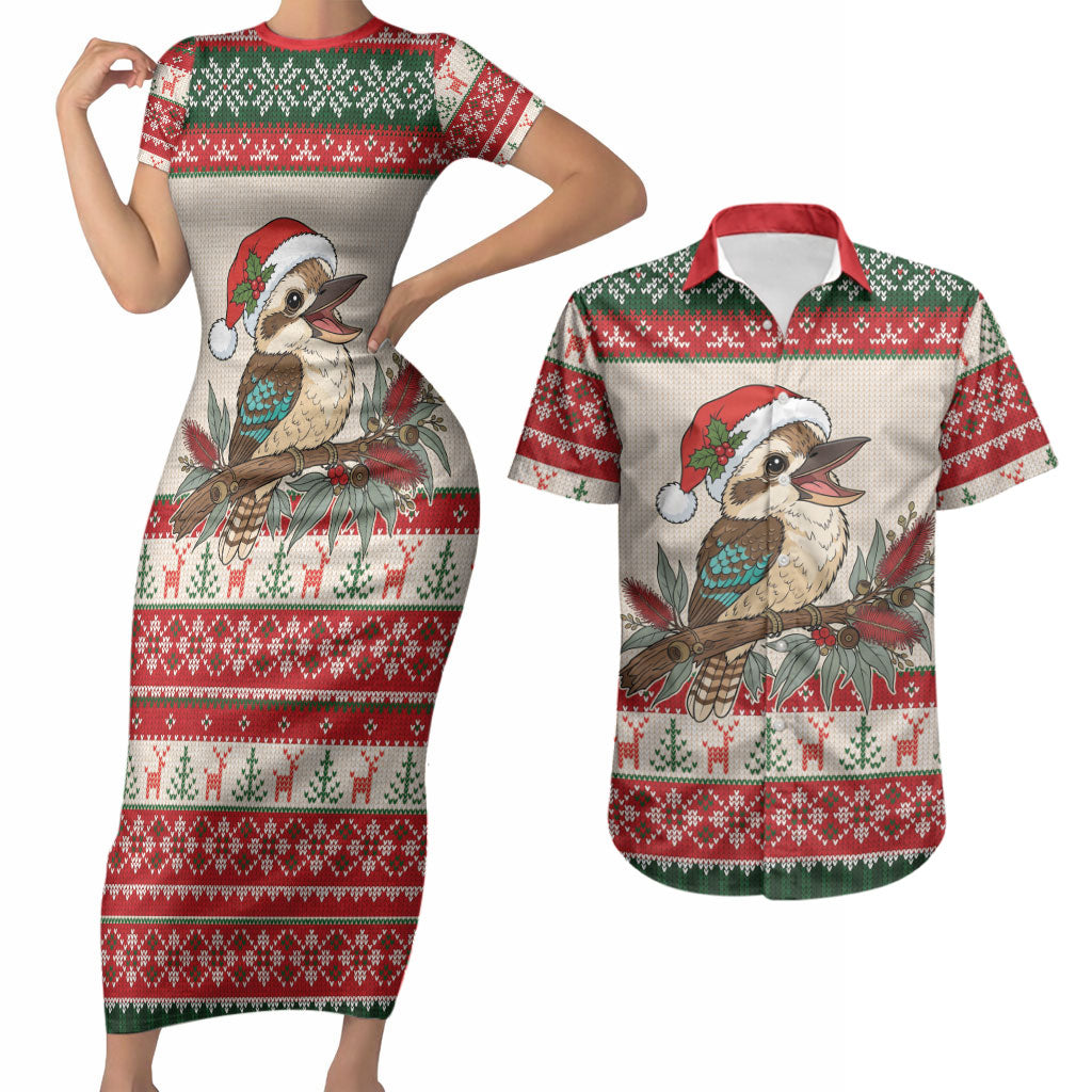 Aussie Kookaburra Christmas Couples Matching Short Sleeve Bodycon Dress and Hawaiian Shirt Festive Knitted Pattern Inspired