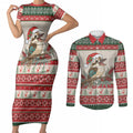 Aussie Kookaburra Christmas Couples Matching Short Sleeve Bodycon Dress and Long Sleeve Button Shirt Festive Knitted Pattern Inspired