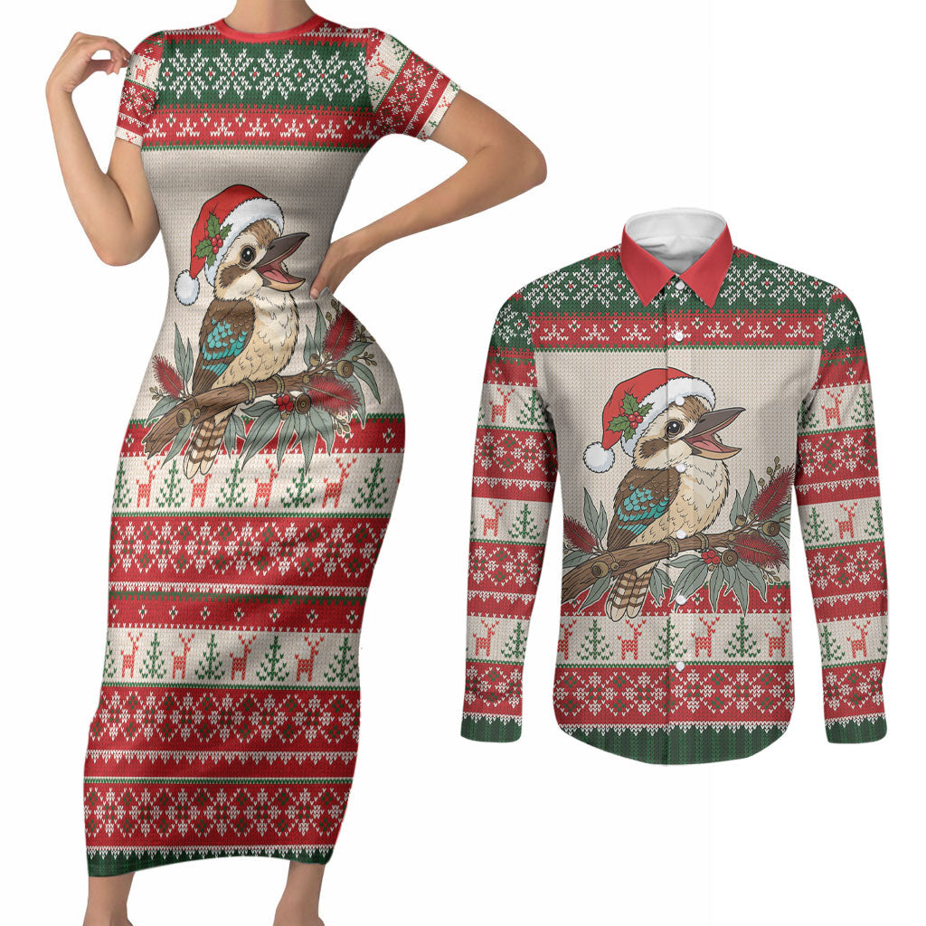 Aussie Kookaburra Christmas Couples Matching Short Sleeve Bodycon Dress and Long Sleeve Button Shirt Festive Knitted Pattern Inspired