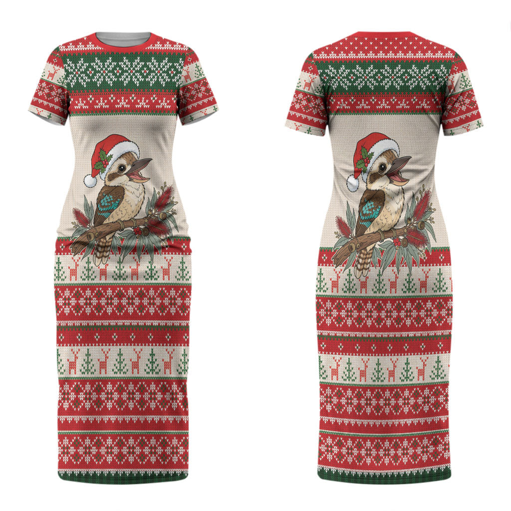 Aussie Kookaburra Christmas Couples Matching Short Sleeve Bodycon Dress and Long Sleeve Button Shirt Festive Knitted Pattern Inspired