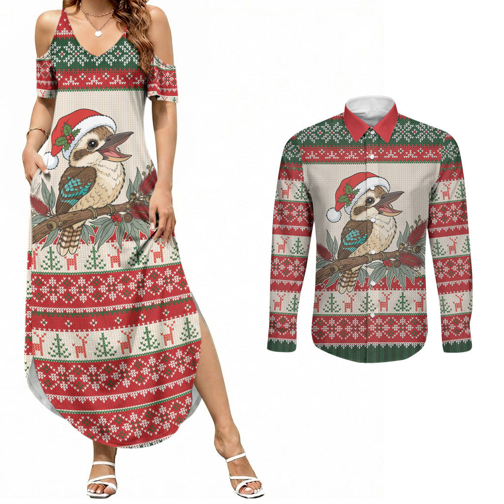 Aussie Kookaburra Christmas Couples Matching Summer Maxi Dress and Long Sleeve Button Shirt Festive Knitted Pattern Inspired