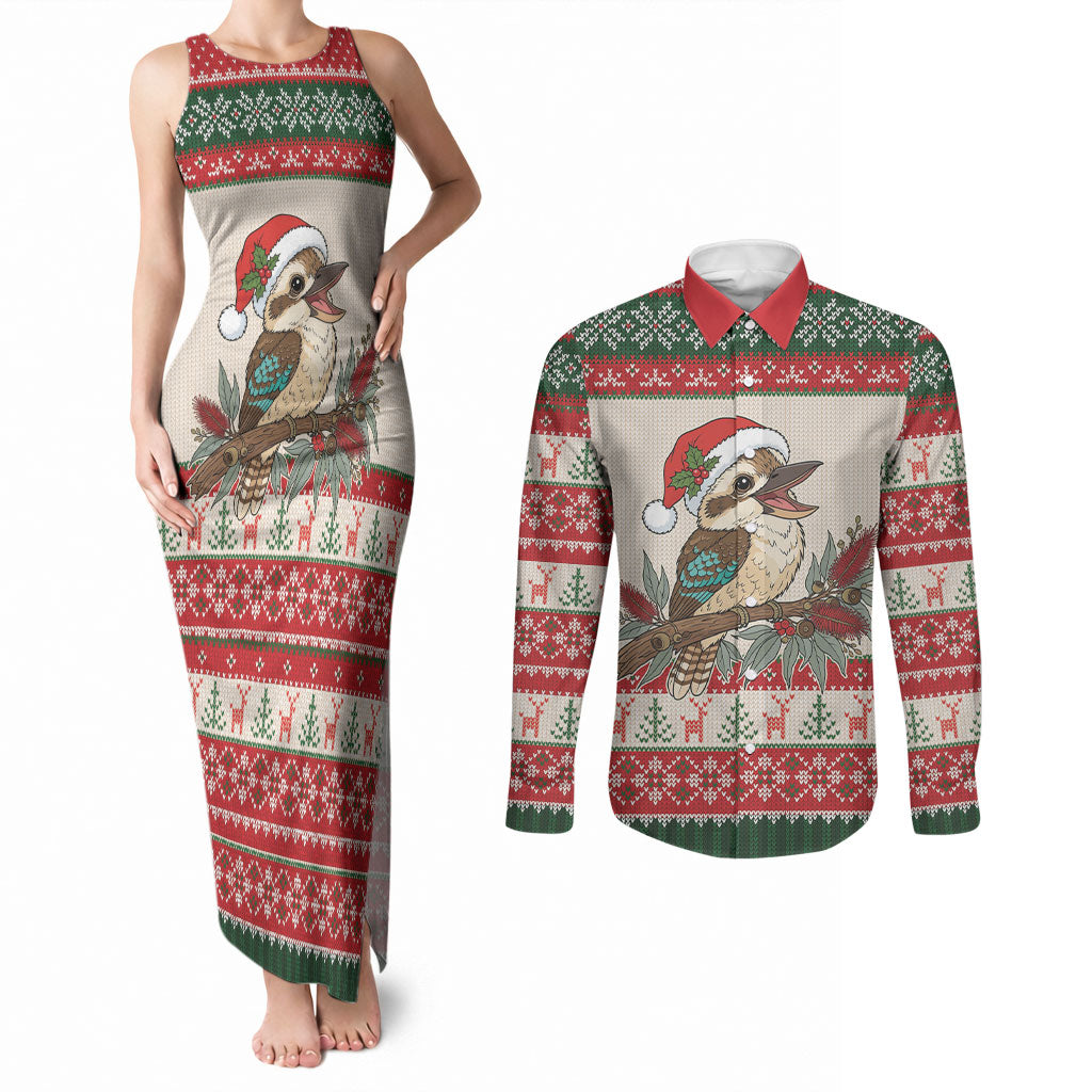 Aussie Kookaburra Christmas Couples Matching Tank Maxi Dress and Long Sleeve Button Shirt Festive Knitted Pattern Inspired