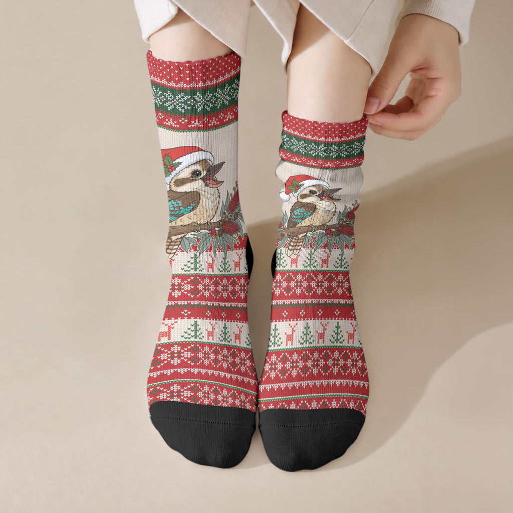 Aussie Kookaburra Christmas Crew Socks Festive Knitted Pattern Inspired
