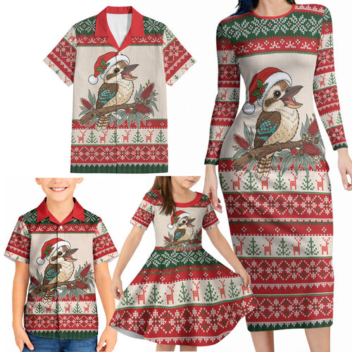 Aussie Kookaburra Christmas Family Matching Long Sleeve Bodycon Dress and Hawaiian Shirt Festive Knitted Pattern Inspired