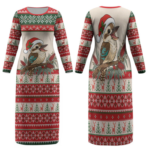 Aussie Kookaburra Christmas Family Matching Long Sleeve Bodycon Dress and Hawaiian Shirt Festive Knitted Pattern Inspired