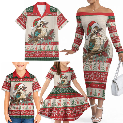 Aussie Kookaburra Christmas Family Matching Off The Shoulder Long Sleeve Dress and Hawaiian Shirt Festive Knitted Pattern Inspired