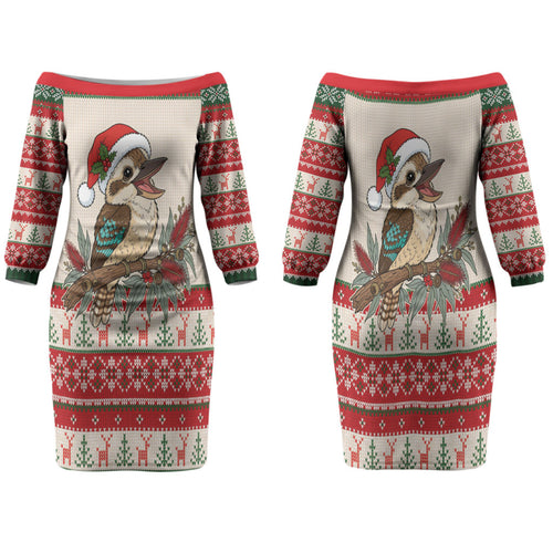 Aussie Kookaburra Christmas Family Matching Off The Shoulder Long Sleeve Dress and Hawaiian Shirt Festive Knitted Pattern Inspired