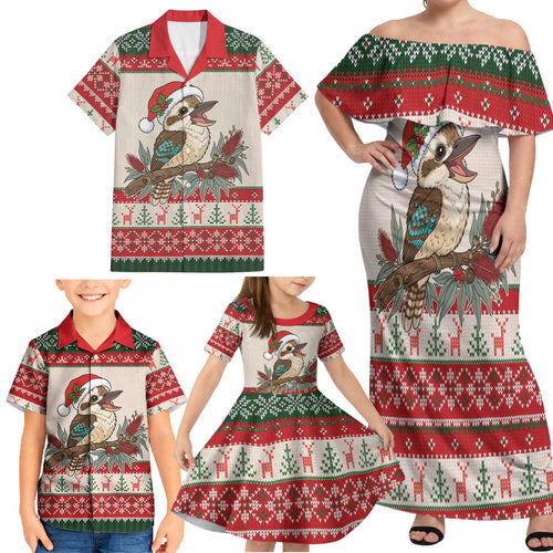Aussie Kookaburra Christmas Family Matching Off Shoulder Maxi Dress and Hawaiian Shirt Festive Knitted Pattern Inspired