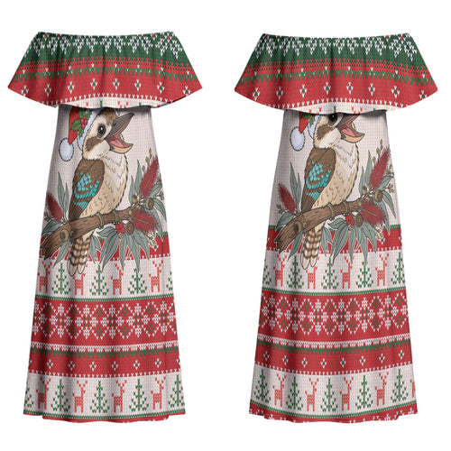 Aussie Kookaburra Christmas Family Matching Off Shoulder Maxi Dress and Hawaiian Shirt Festive Knitted Pattern Inspired