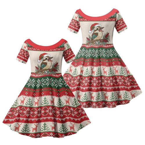 Aussie Kookaburra Christmas Family Matching Off Shoulder Maxi Dress and Hawaiian Shirt Festive Knitted Pattern Inspired