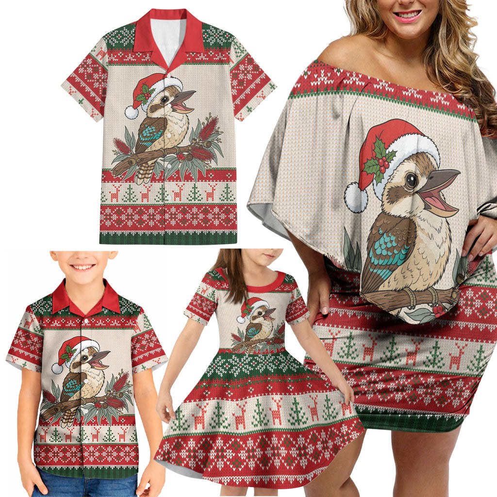 Aussie Kookaburra Christmas Family Matching Off Shoulder Short Dress and Hawaiian Shirt Festive Knitted Pattern Inspired