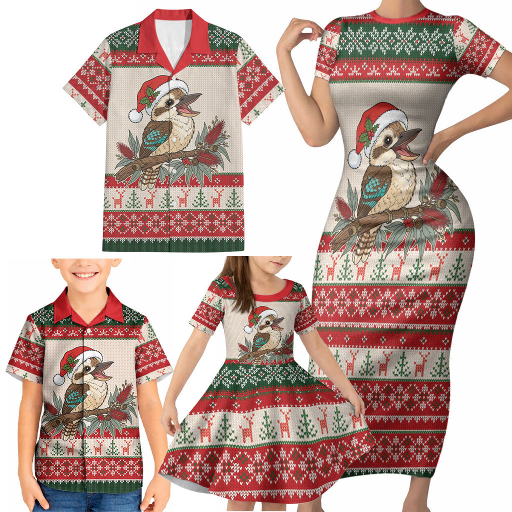 Aussie Kookaburra Christmas Family Matching Short Sleeve Bodycon Dress and Hawaiian Shirt Festive Knitted Pattern Inspired