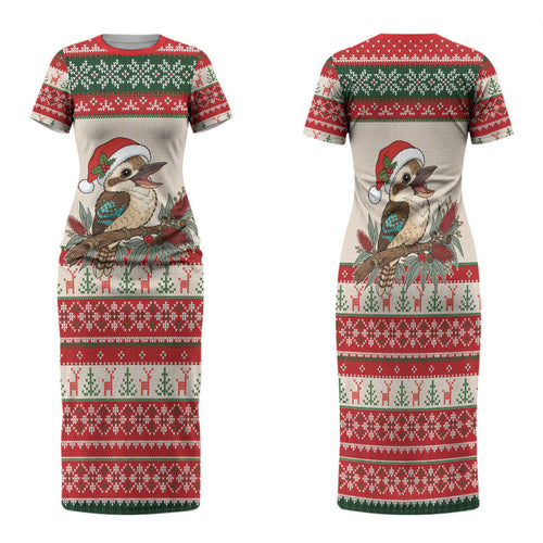 Aussie Kookaburra Christmas Family Matching Short Sleeve Bodycon Dress and Hawaiian Shirt Festive Knitted Pattern Inspired