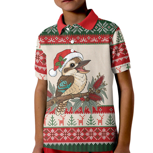 Aussie Kookaburra Christmas Kid Polo Shirt Festive Knitted Pattern Inspired