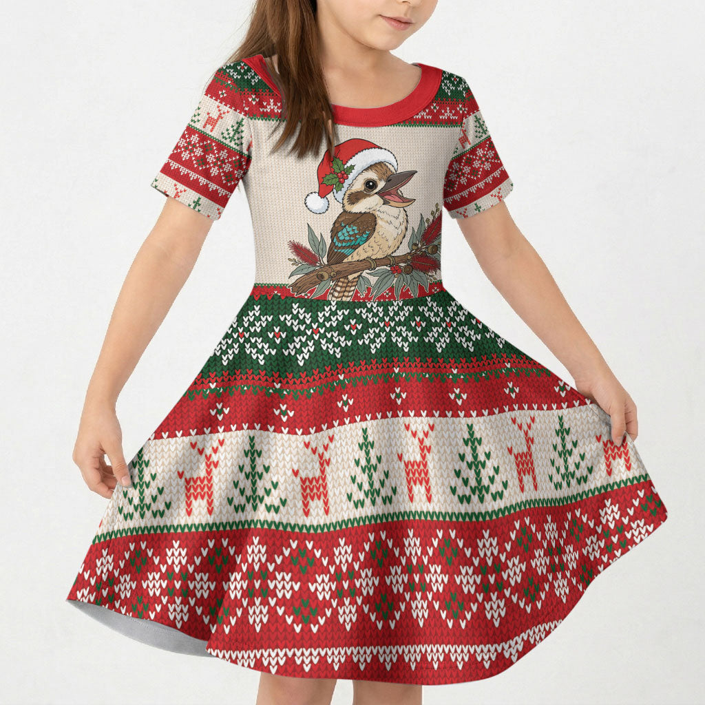Aussie Kookaburra Christmas Kid Short Sleeve Dress Festive Knitted Pattern Inspired