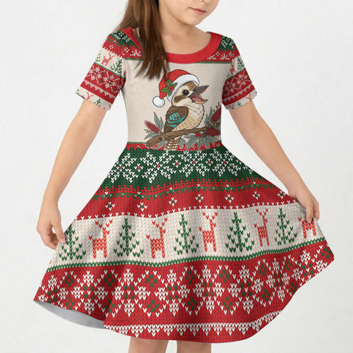 Aussie Kookaburra Christmas Kid Short Sleeve Dress Festive Knitted Pattern Inspired