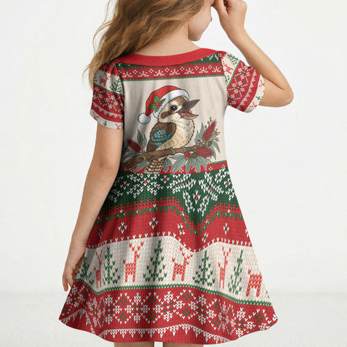 Aussie Kookaburra Christmas Kid Short Sleeve Dress Festive Knitted Pattern Inspired