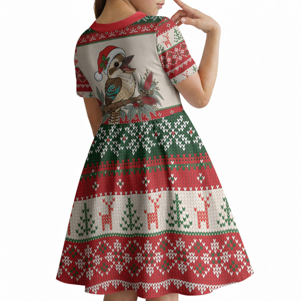 Aussie Kookaburra Christmas Kid Short Sleeve Dress Festive Knitted Pattern Inspired